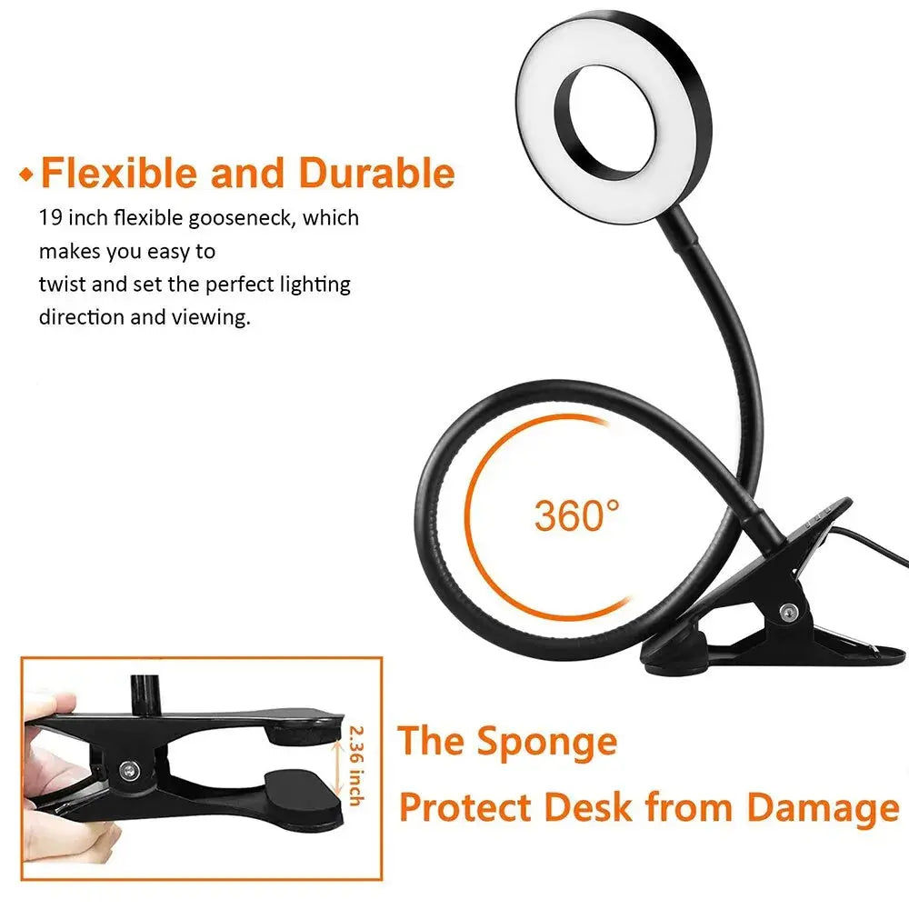 48 LEDs Desk Lamp Clip USB Book Light Bedside 360° Flexible Eye Protection Gooseneck Reading Light Brightness Adjustable 3 Leve solampe.com