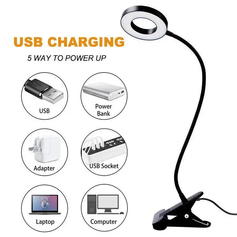 48 LEDs Desk Lamp Clip USB Book Light Bedside 360° Flexible Eye Protection Gooseneck Reading Light Brightness Adjustable 3 Leve solampe.com