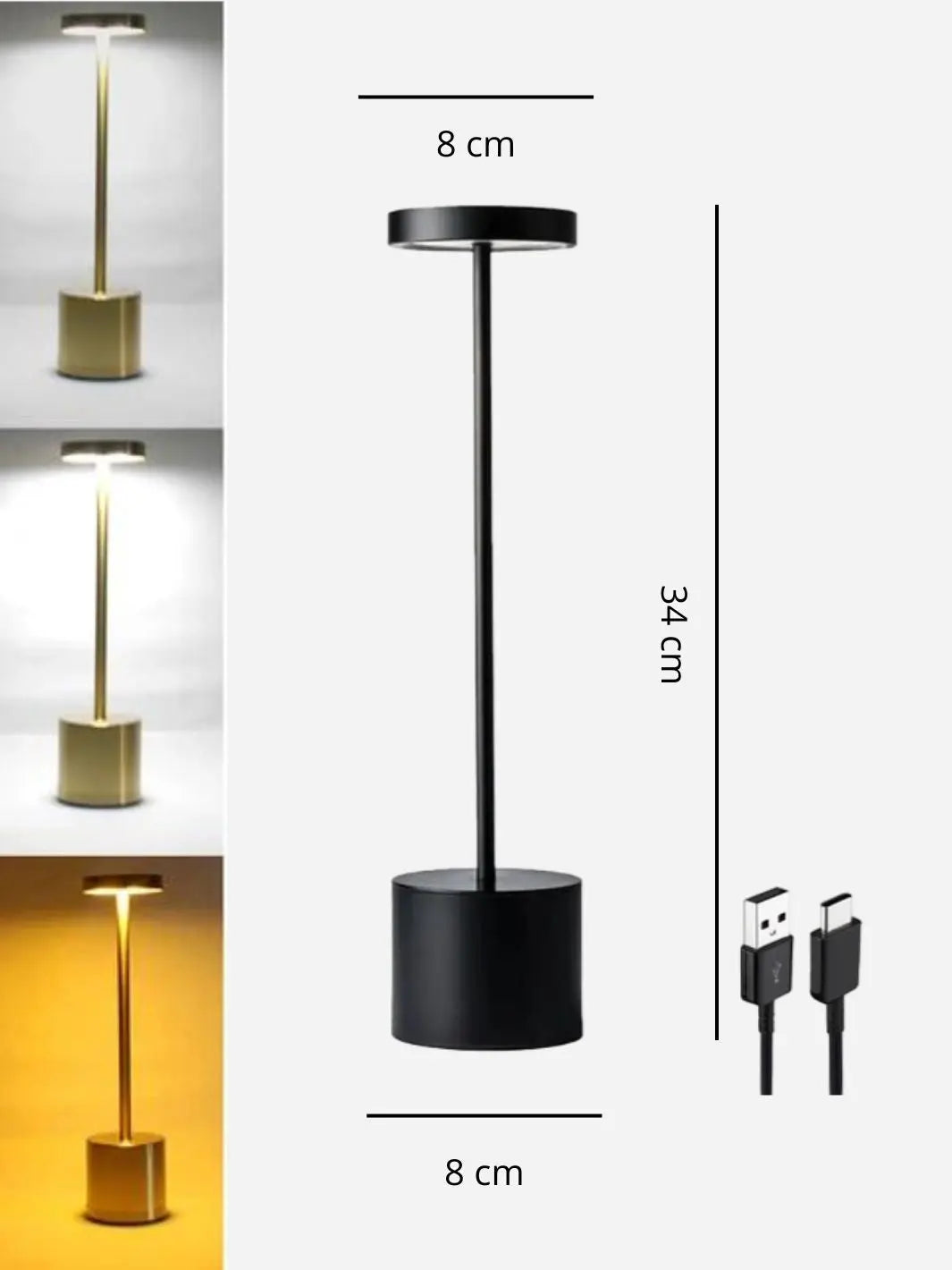 Lampe de chevet design sans fil noire avec cotes solampe.com